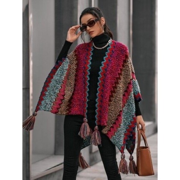 NATURAL LIFE OS Crochet Knit Sweater Shawl Poncho Boho Act Poly Wool Fall y - Picture 4 of 8